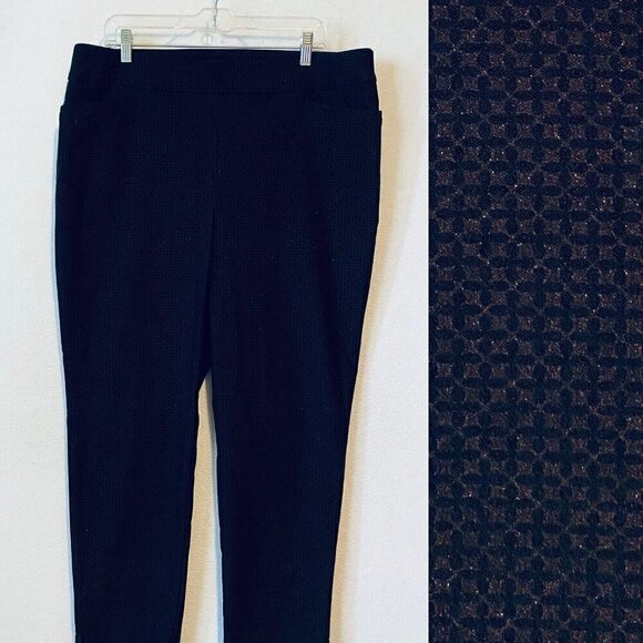 Chicos Pants Womens 16 Black Ponte Knit Red Metallic Geometric Print Stretch - Picture 1 of 7